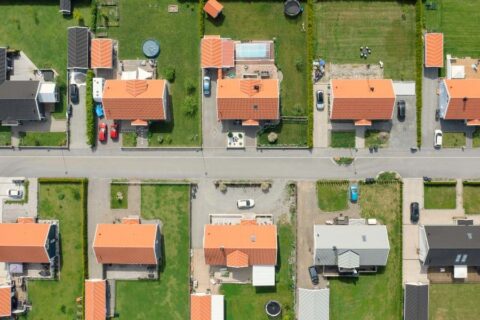 A street with many houses at Chicago, IL.