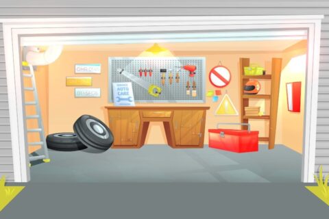 An illustrated garage featuring tools neatly arranged on shelves and workbenches in Chicago, IL