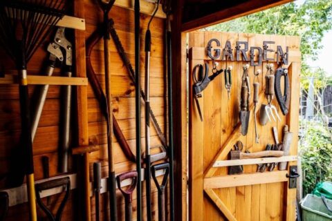 Gardening tools kept in the shed of a house in Chicago, IL