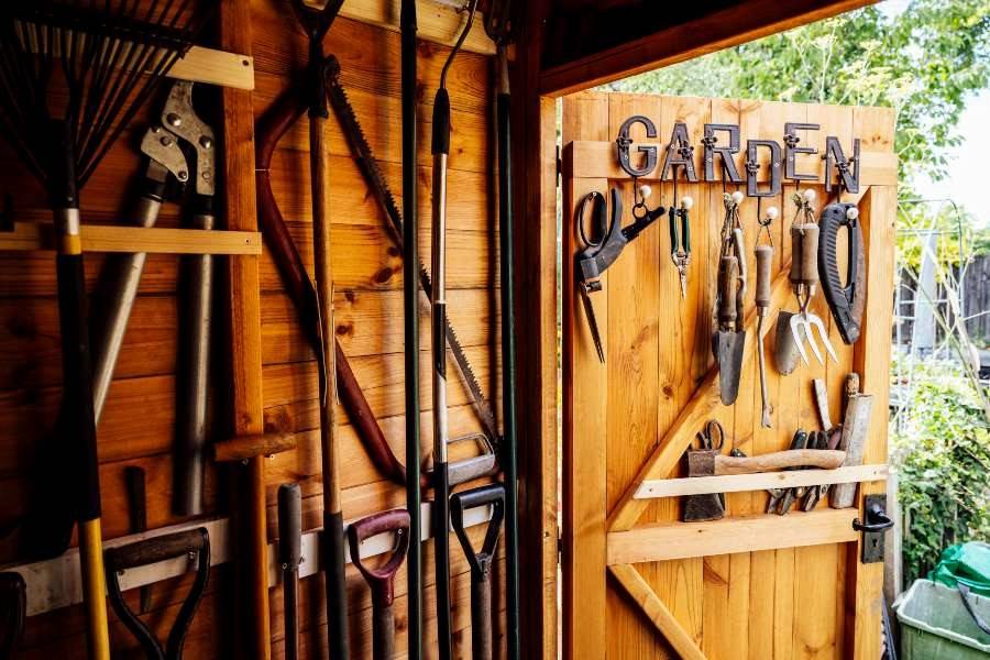 Gardening tools kept in the shed of a house in Chicago, IL