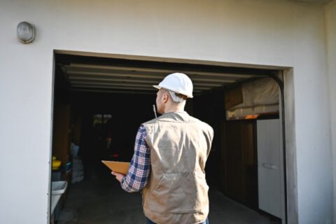 Garage door technician inspecting a residential garage in Chicago, IL