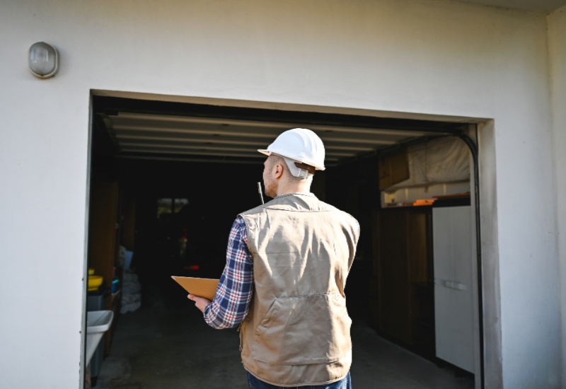 Garage door technician inspecting a residential garage in Chicago, IL