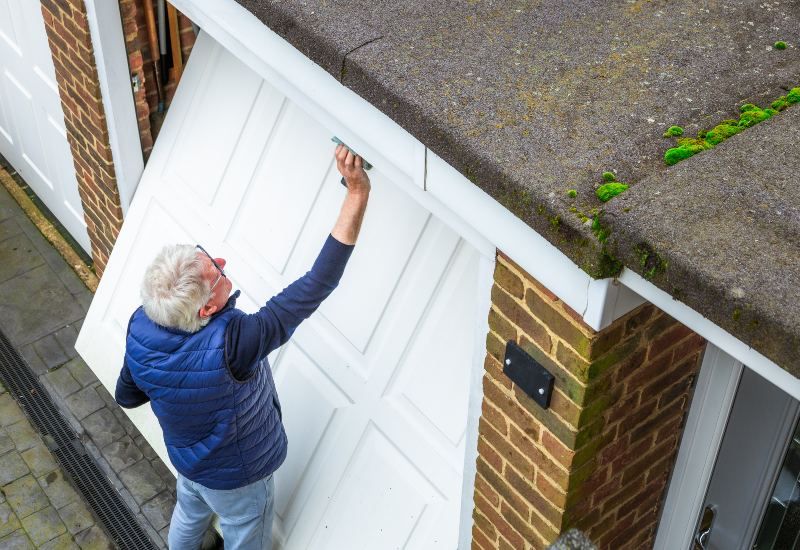 An old man is painting the garage door in Chicago, IL